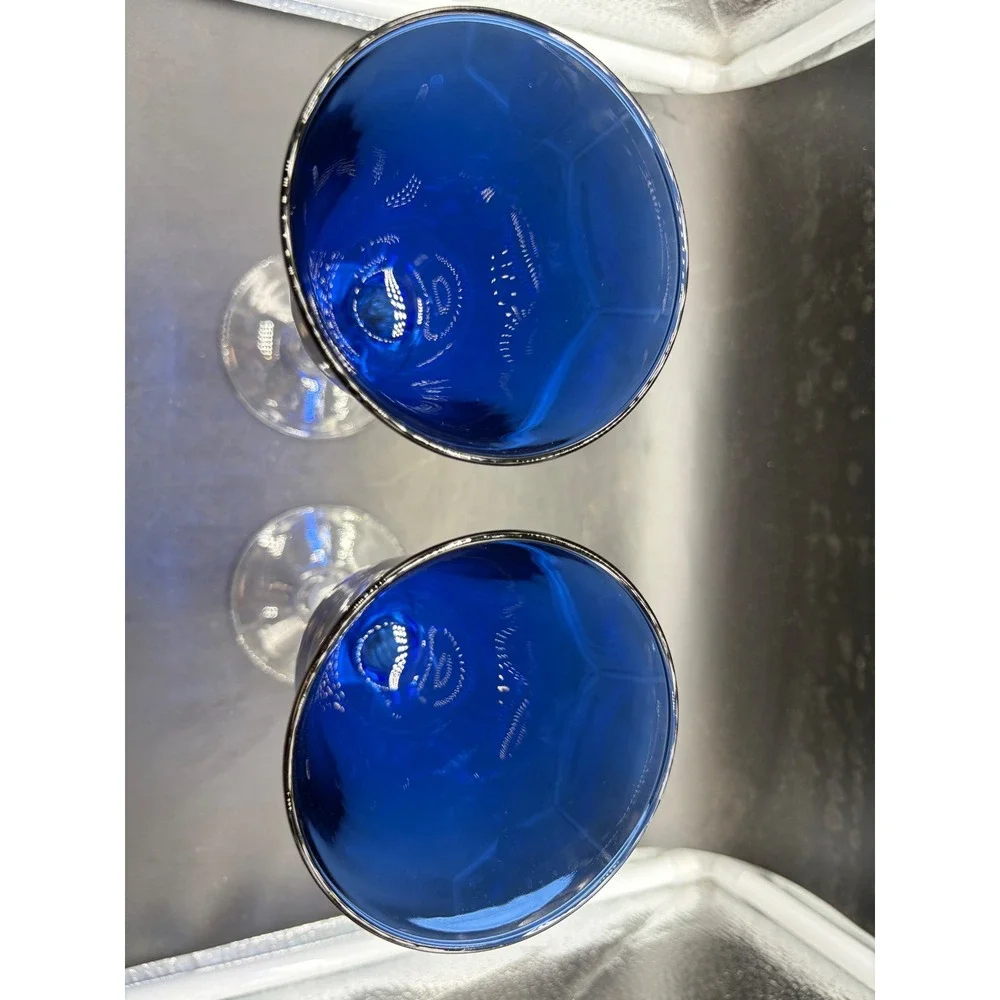 Vintage Cobalt Blue Wine Goblets Clear Twisted Stem Optic Panel Glass Set of 2